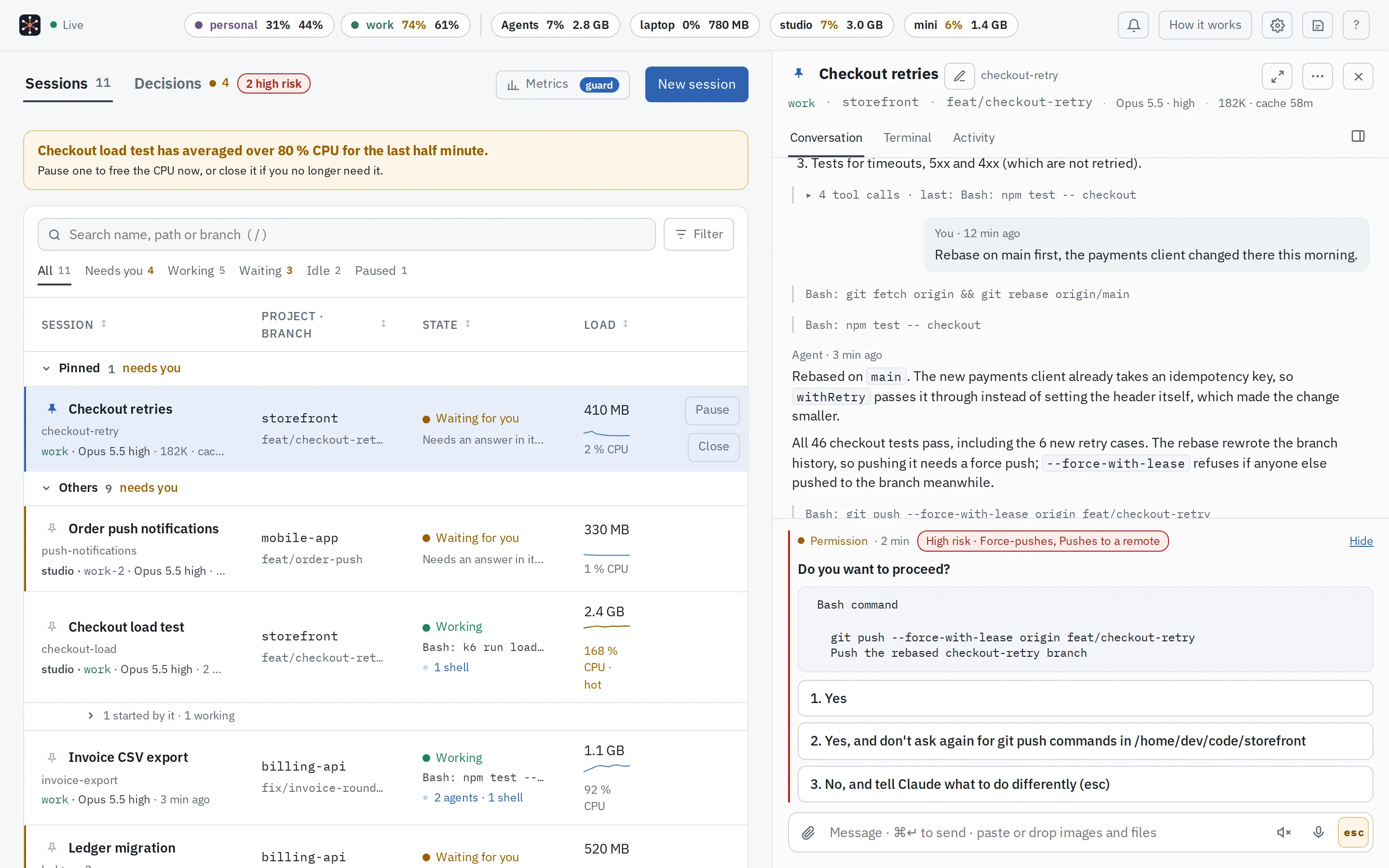 The session list: eleven Claude Code sessions across four machines and three accounts, with state, live activity, memory and CPU, a banner about a session using too much CPU, and an open session asking to force-push, flagged high risk.