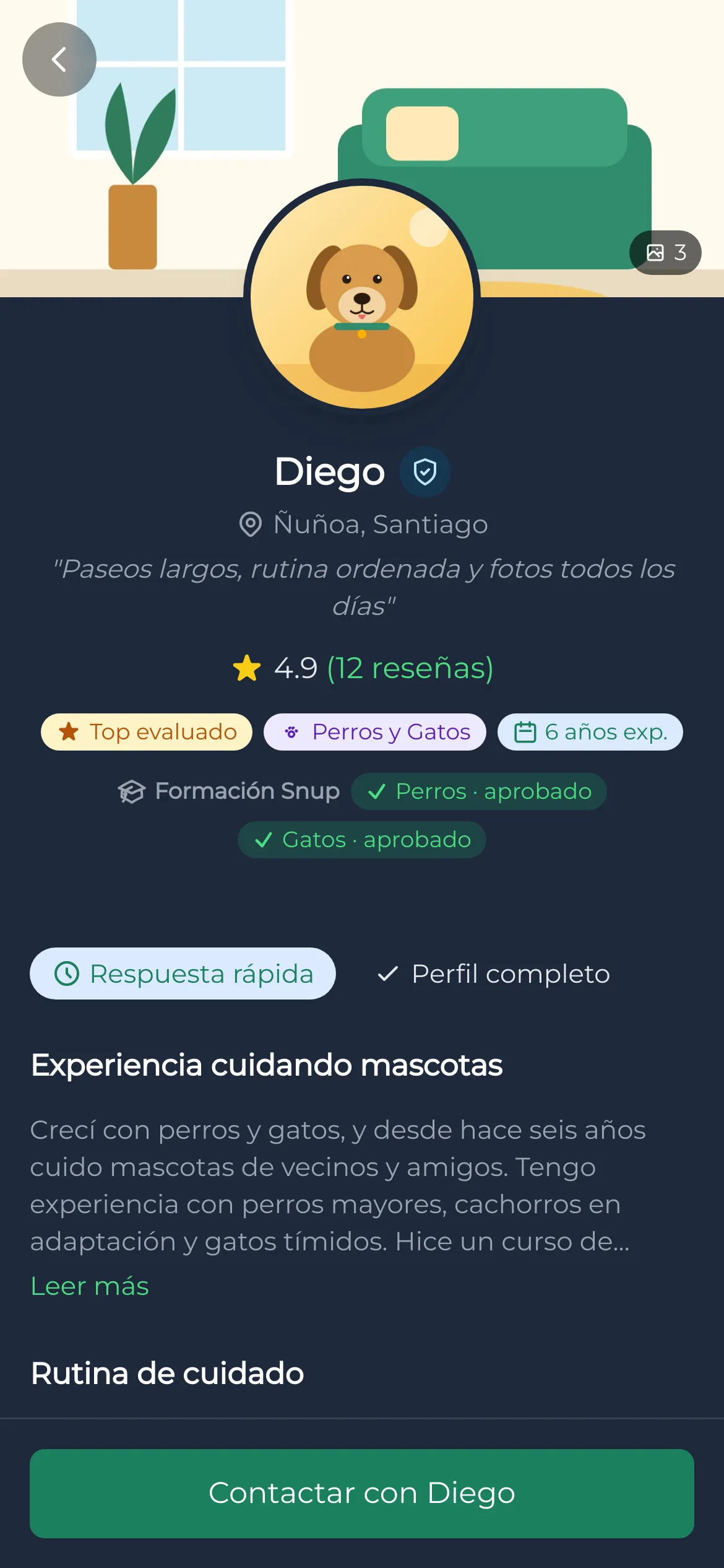 A sitter's profile in the Snup app: an illustrated dog as avatar, name, neighbourhood, a 4.9 rating from 12 reviews, badges for dogs and cats approved in Snup's training, and a contact button.