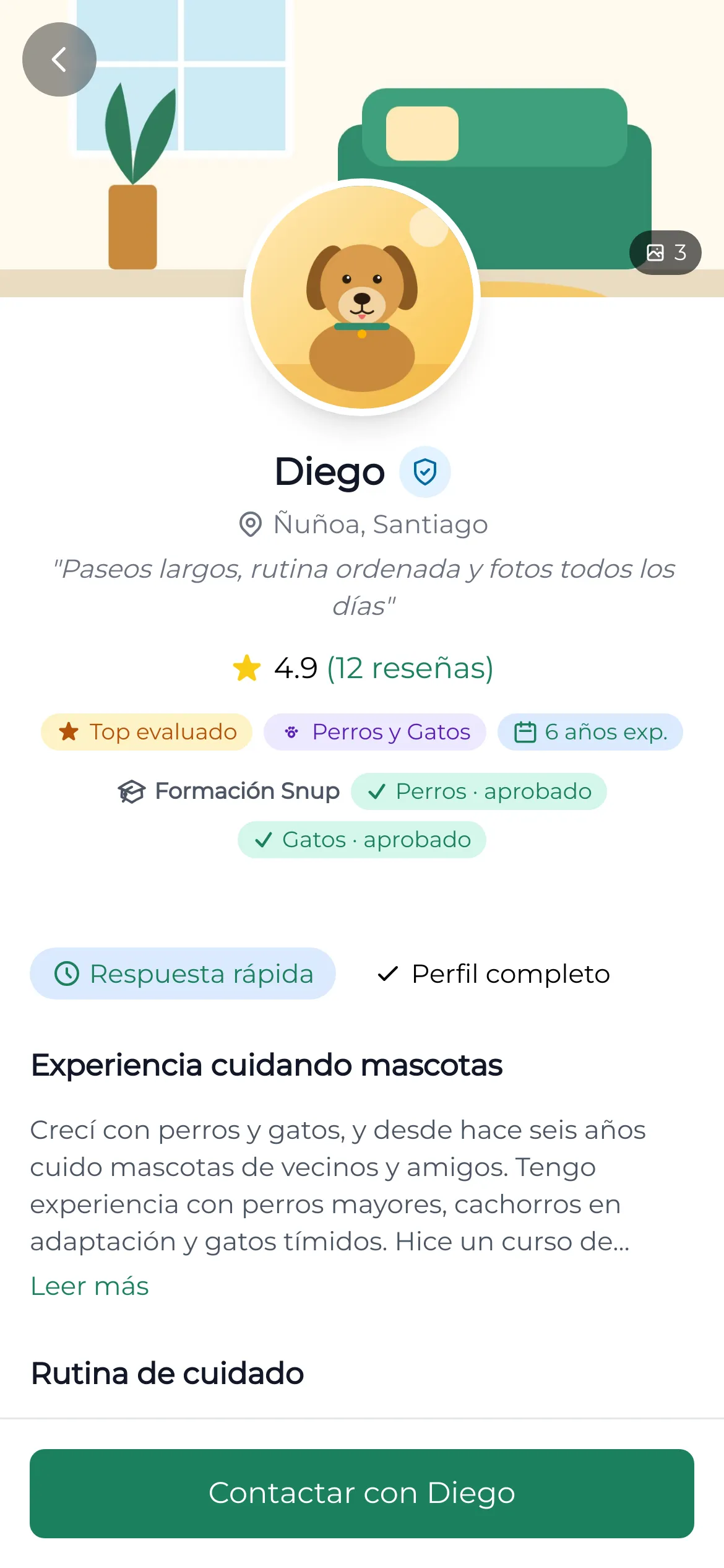 A sitter's profile in the Snup app: an illustrated dog as avatar, name, neighbourhood, a 4.9 rating from 12 reviews, badges for dogs and cats approved in Snup's training, and a contact button.