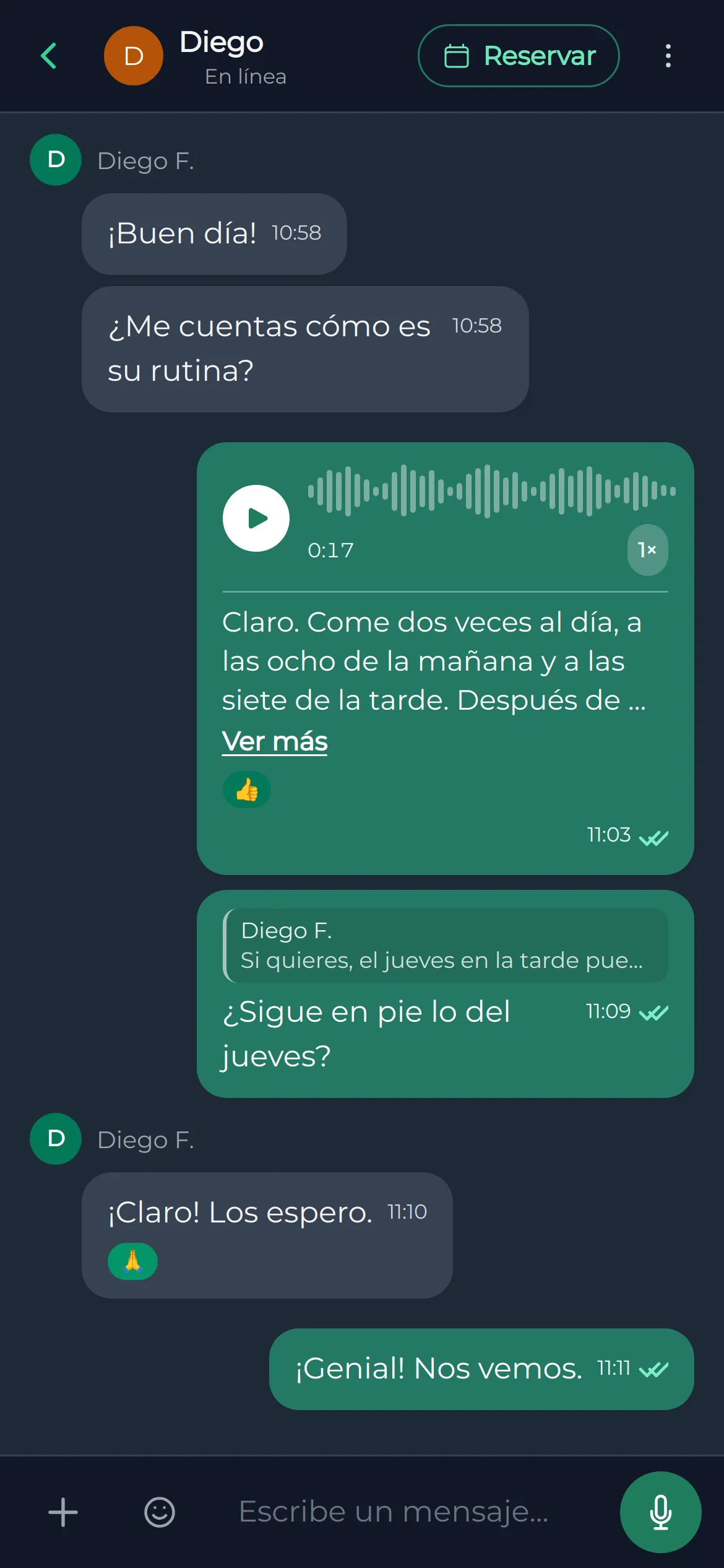 A chat between a pet owner and a sitter: the sitter asks about the dog's routine, the owner answers with a 17-second voice message shown with its transcript, then replies to an earlier message about Thursday. Messages carry reactions and read ticks, and the header has a Book button.