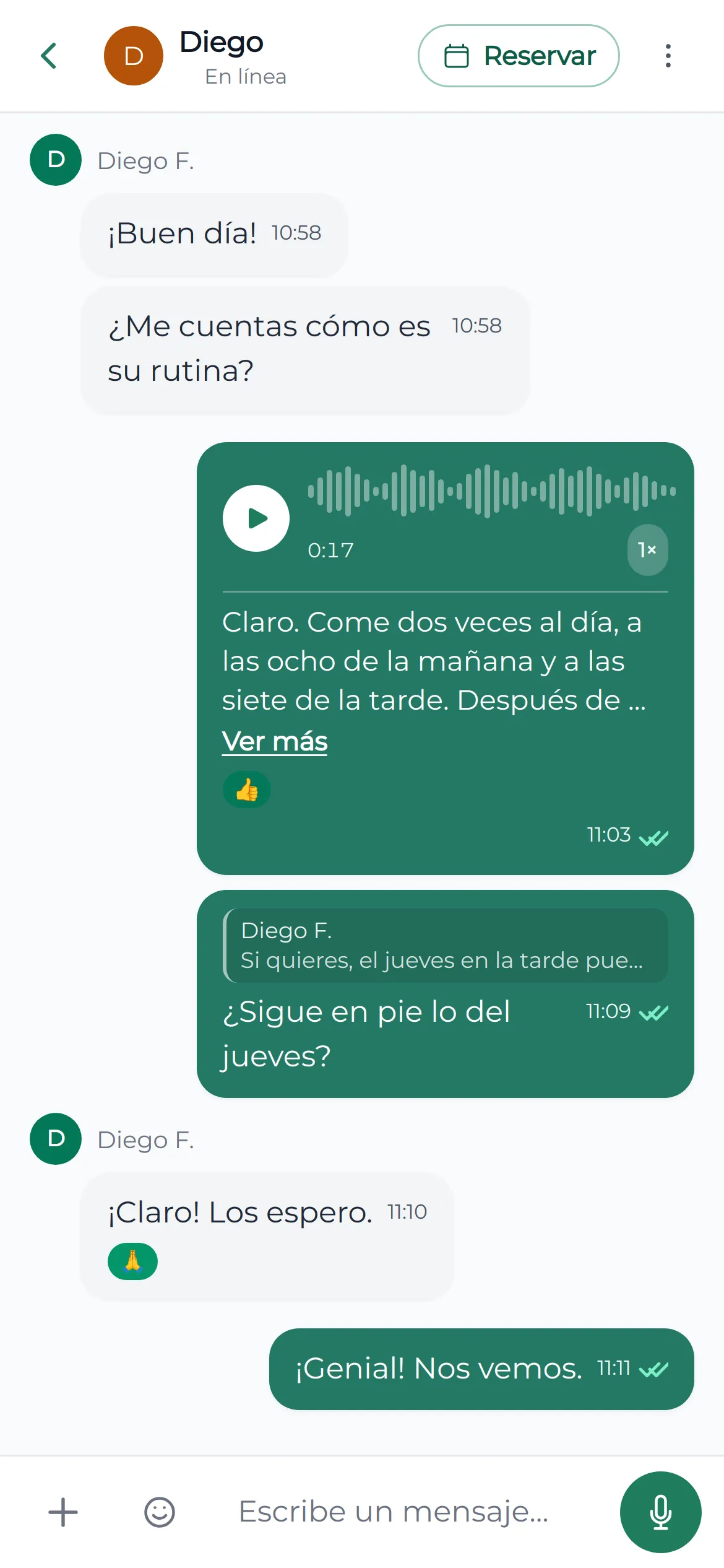 A chat between a pet owner and a sitter: the sitter asks about the dog's routine, the owner answers with a 17-second voice message shown with its transcript, then replies to an earlier message about Thursday. Messages carry reactions and read ticks, and the header has a Book button.