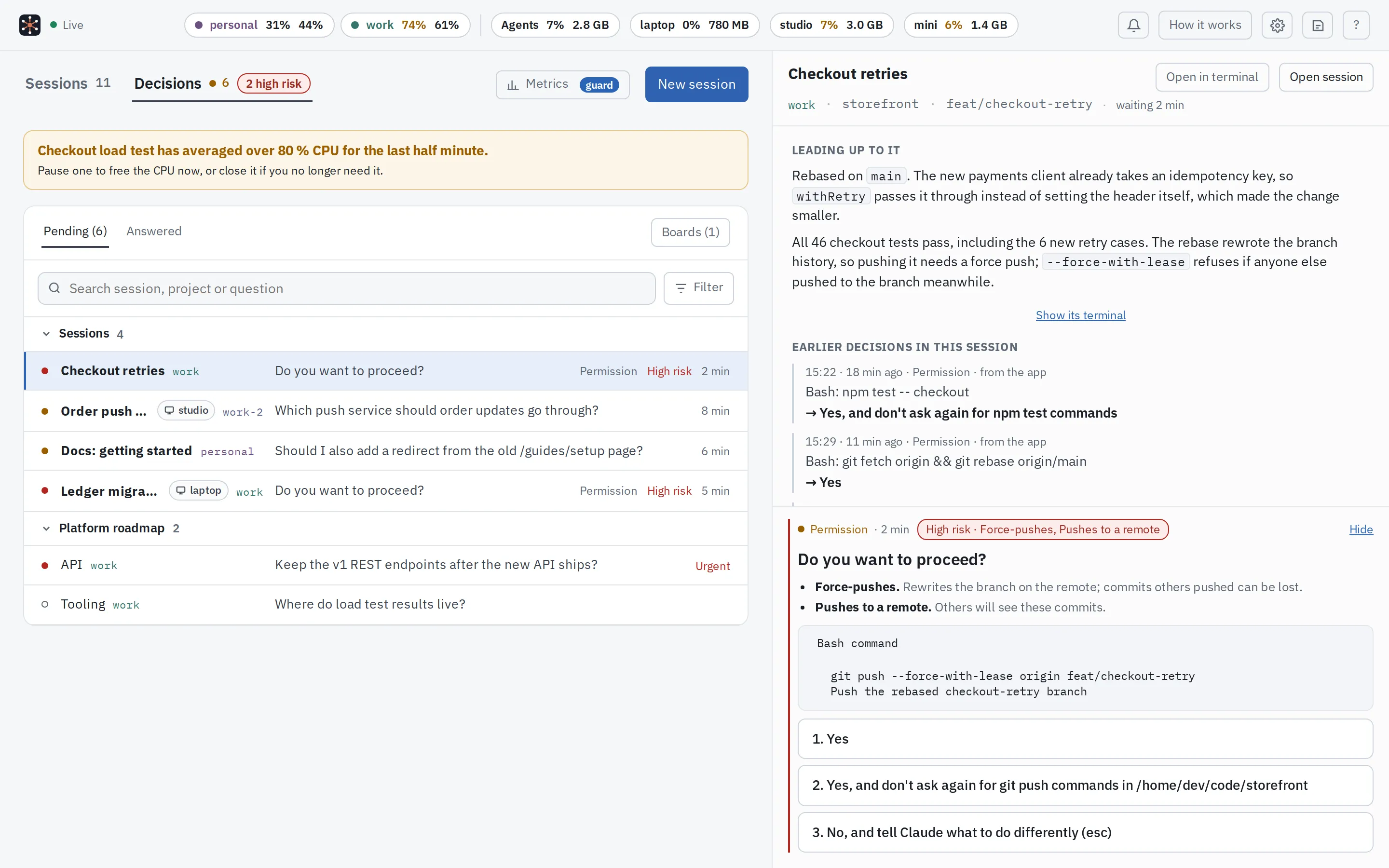 The decisions inbox: four permission prompts and questions from sessions and two planning-board decisions, with one open showing why its command is high risk and the earlier decisions in that session.
