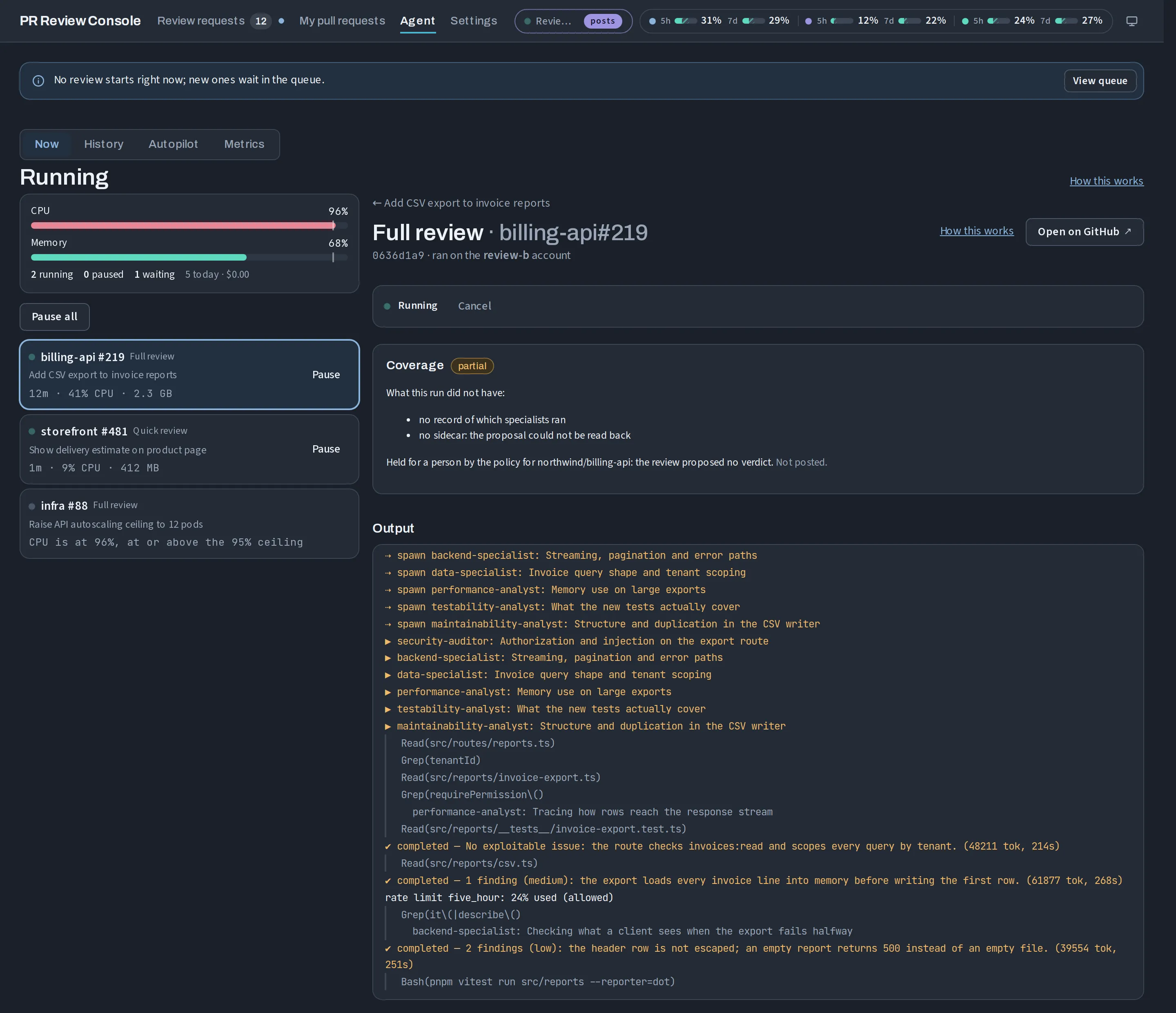 A full review running: the log of six specialist agents spawning, calling tools and reporting findings, next to the machine's CPU at 96% and a third review waiting for headroom.