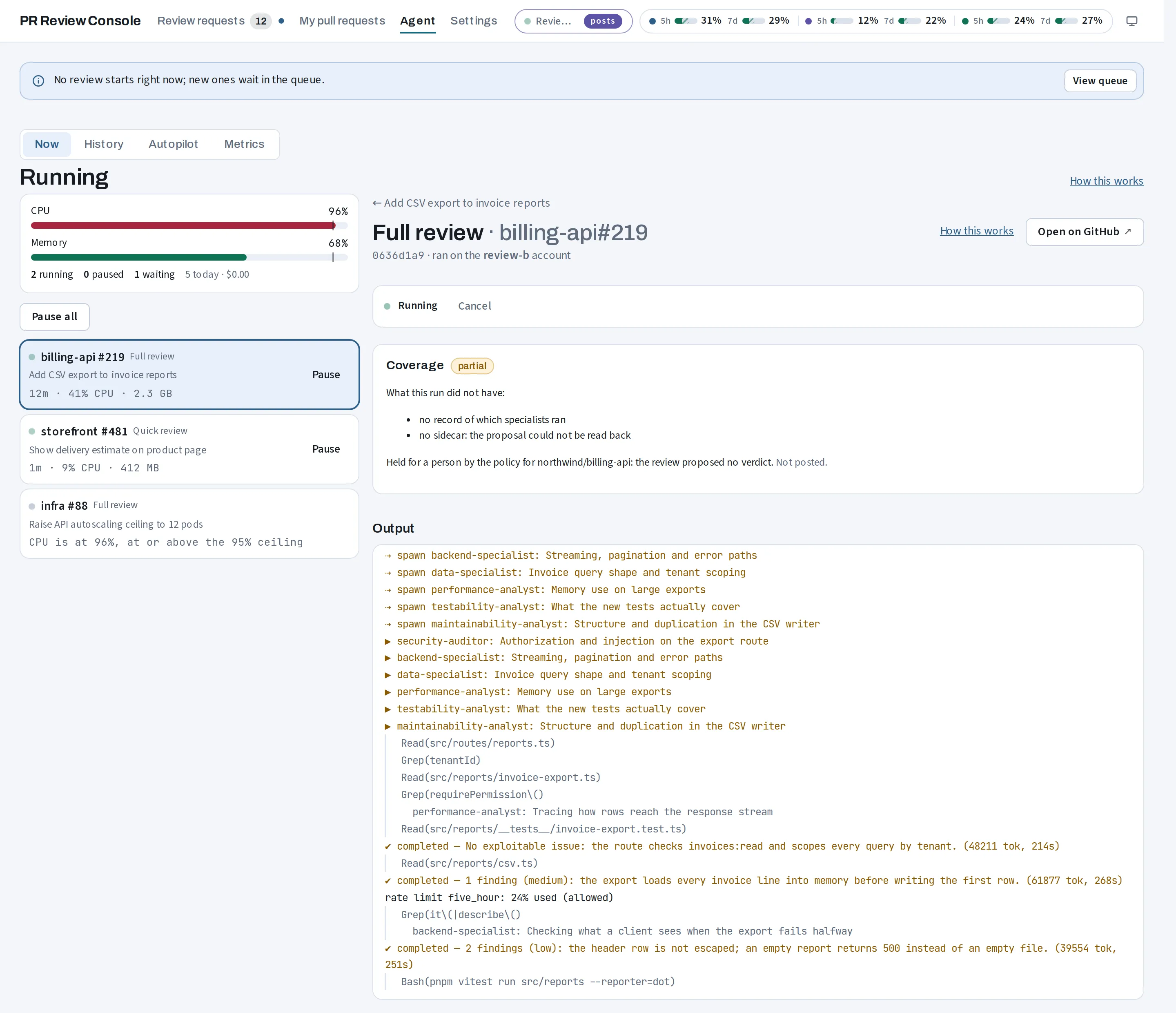 A full review running: the log of six specialist agents spawning, calling tools and reporting findings, next to the machine's CPU at 96% and a third review waiting for headroom.