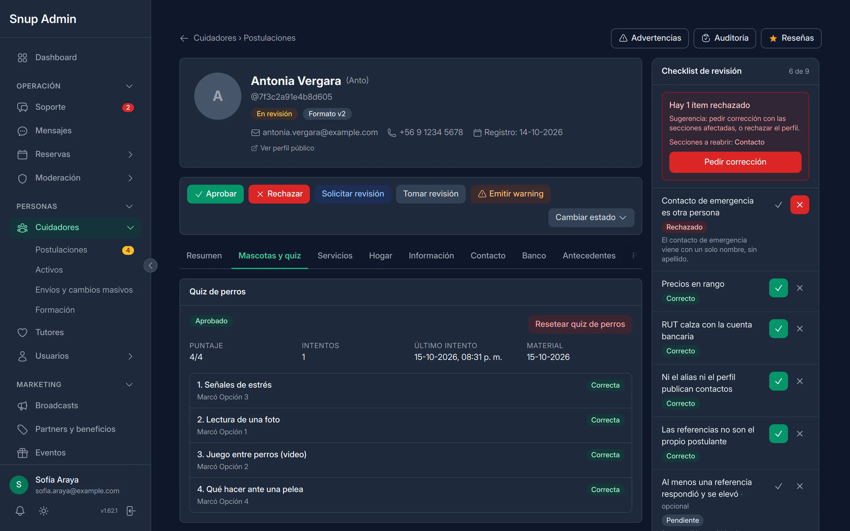 The admin app reviewing a sitter application: actions to approve or reject, the dog quiz passed 4 of 4, and a review checklist with one rejected item and a suggestion to ask for a correction.
