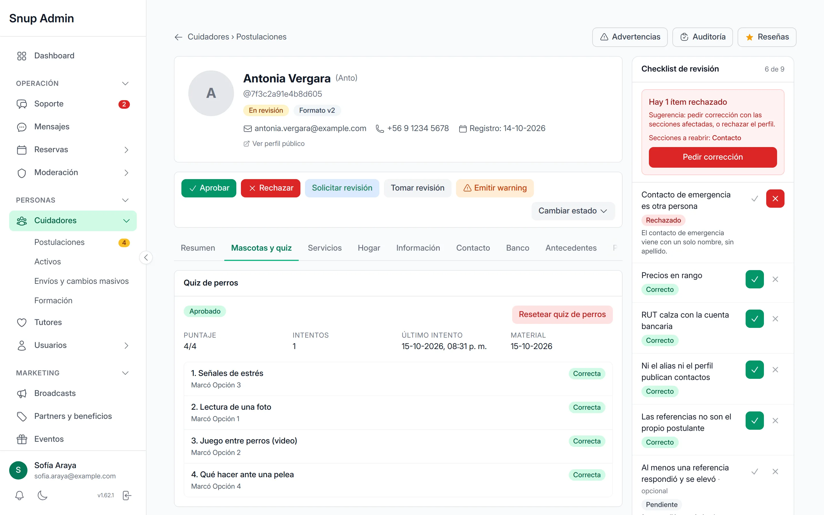 The admin app reviewing a sitter application: actions to approve or reject, the dog quiz passed 4 of 4, and a review checklist with one rejected item and a suggestion to ask for a correction.