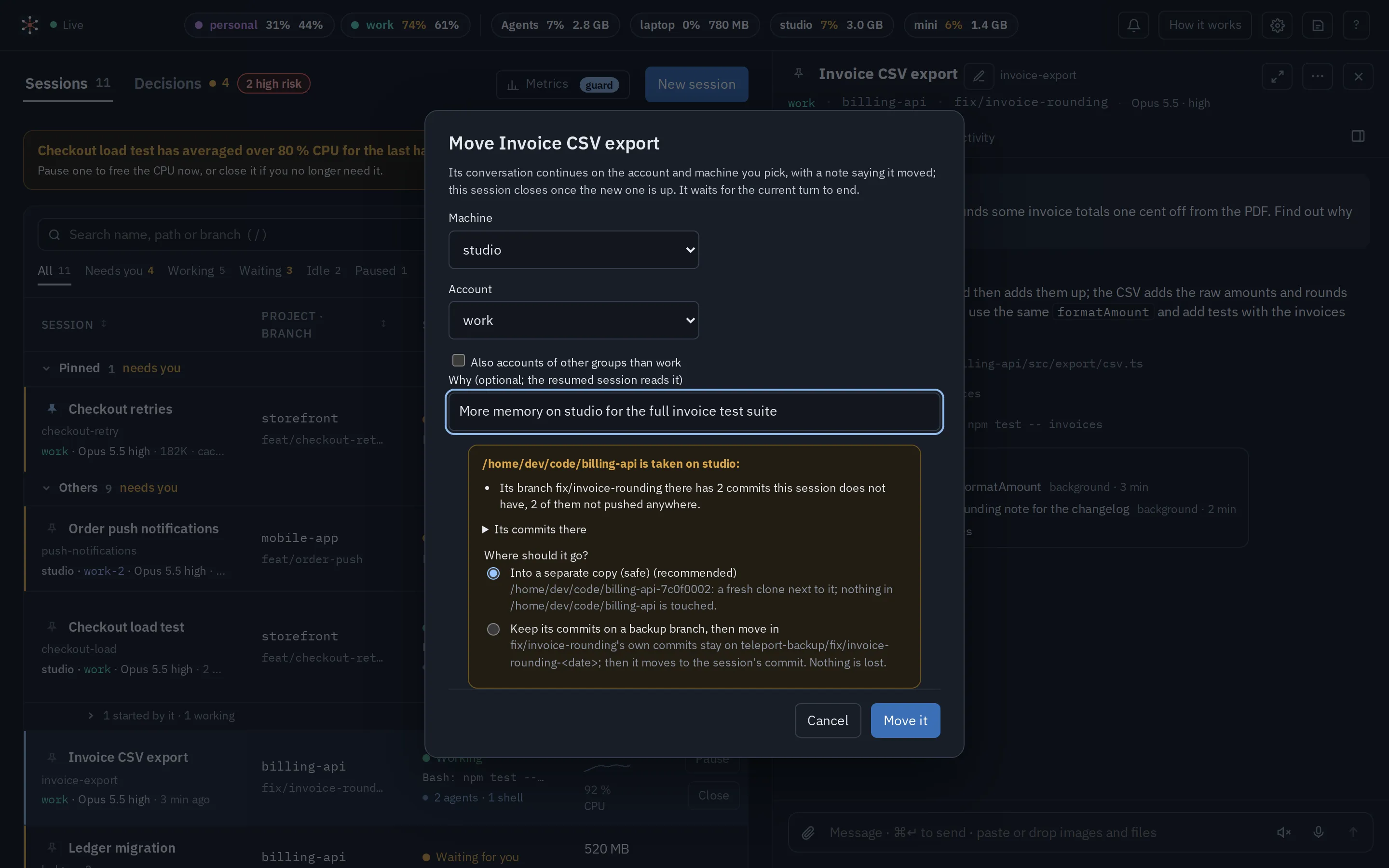 The move dialog: a session moving to another machine on the same account, with a warning that the folder there has two commits the session lacks, and the choice of a separate copy or a backup branch.