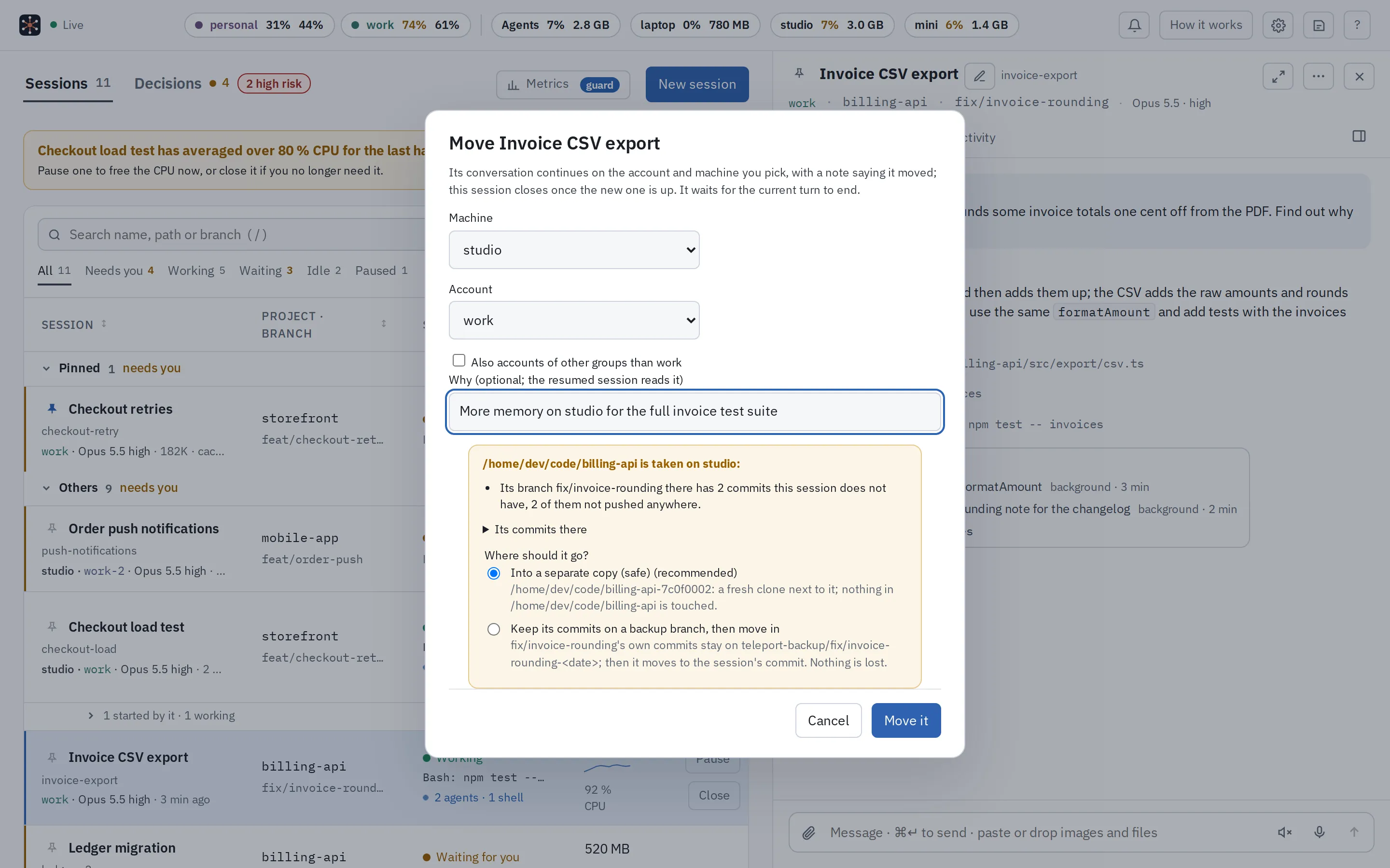 The move dialog: a session moving to another machine on the same account, with a warning that the folder there has two commits the session lacks, and the choice of a separate copy or a backup branch.