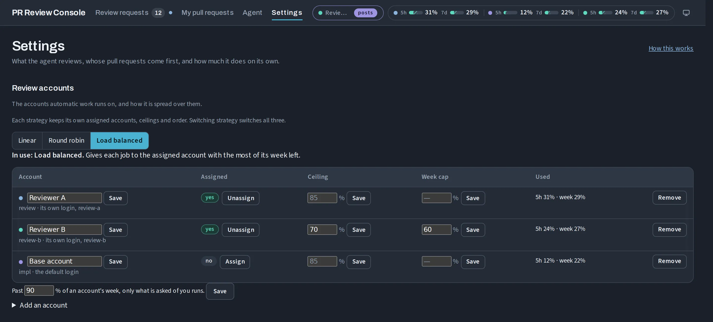 Settings for review accounts: three Claude accounts, the load-balanced strategy, a usage ceiling and weekly cap per account, and their current use.