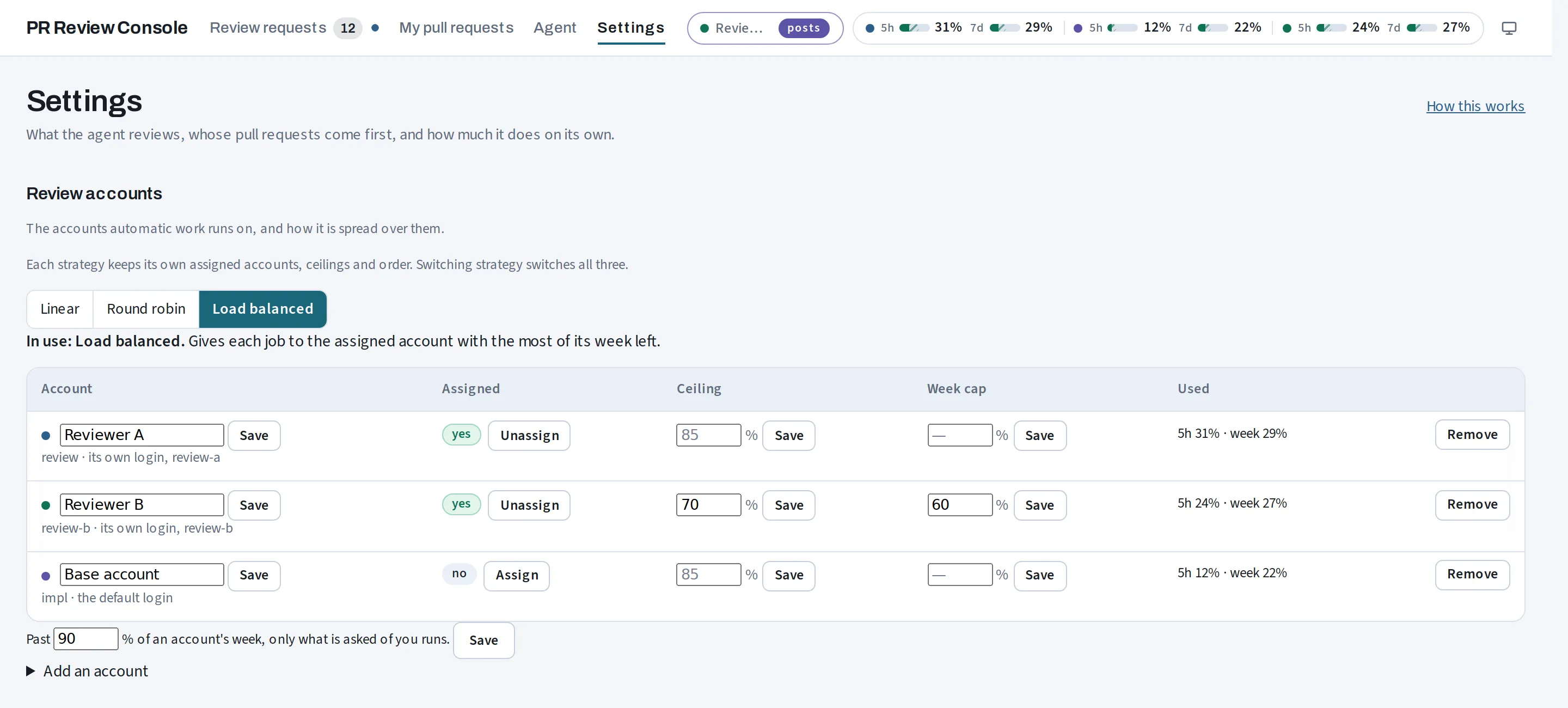 Settings for review accounts: three Claude accounts, the load-balanced strategy, a usage ceiling and weekly cap per account, and their current use.