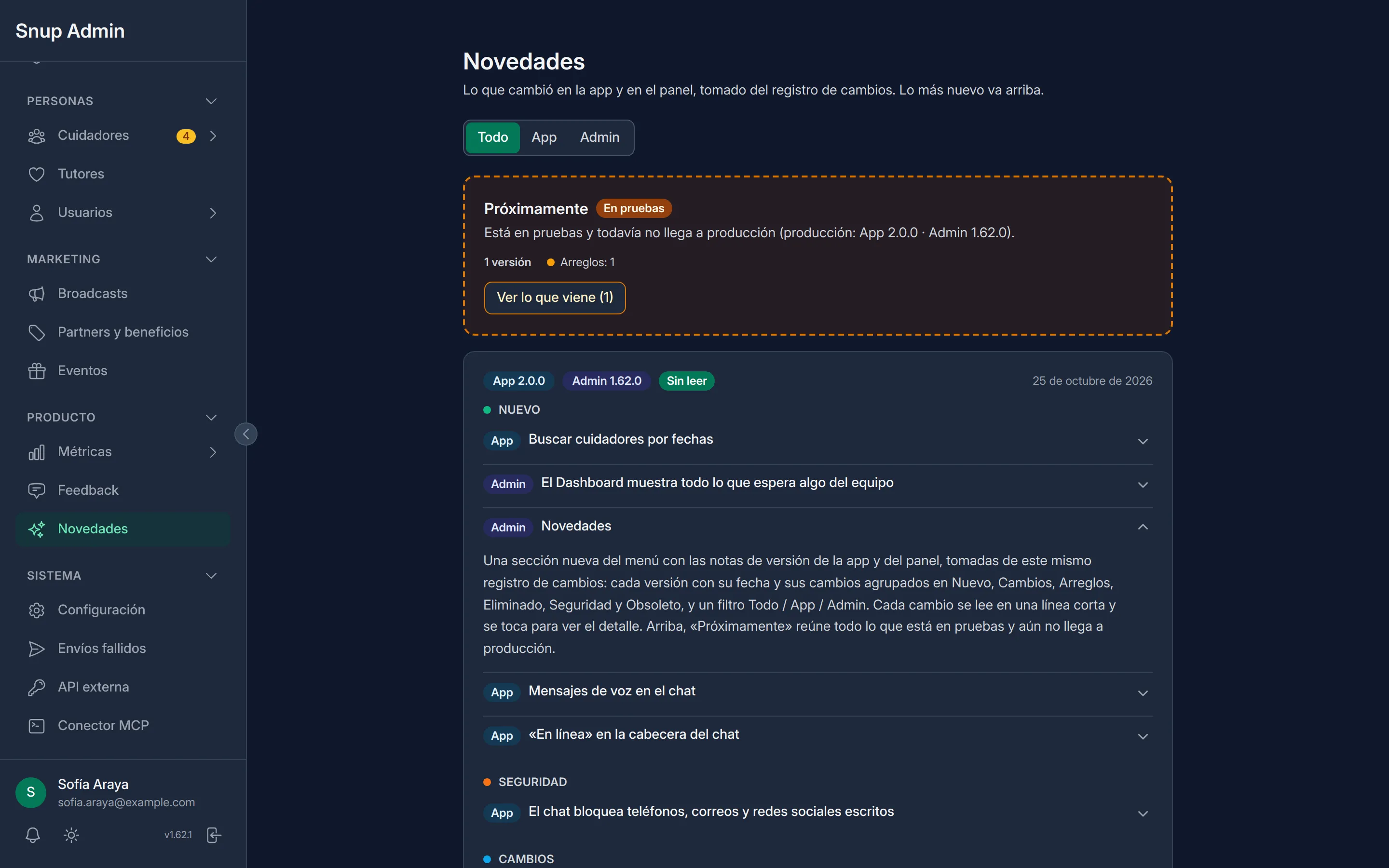 Release notes in the admin app, filtered by App or Admin, with a card for the version still in testing and the latest release's changes grouped as new, security and changes.