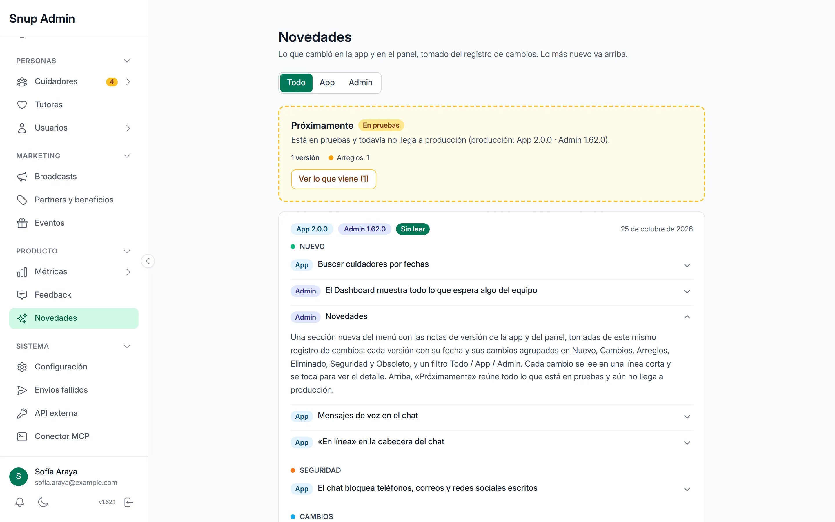 Release notes in the admin app, filtered by App or Admin, with a card for the version still in testing and the latest release's changes grouped as new, security and changes.